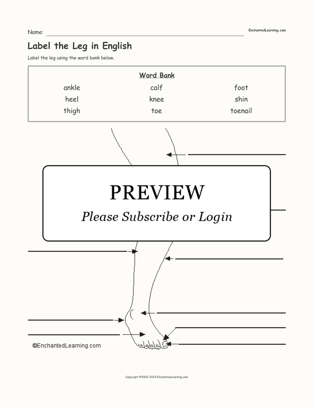Label the Leg in English interactive worksheet page 1