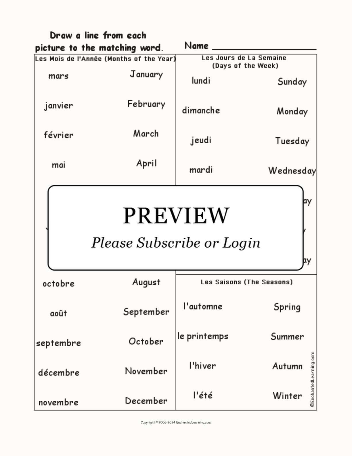 Match the French Calendar Words to the English Words interactive worksheet page 1