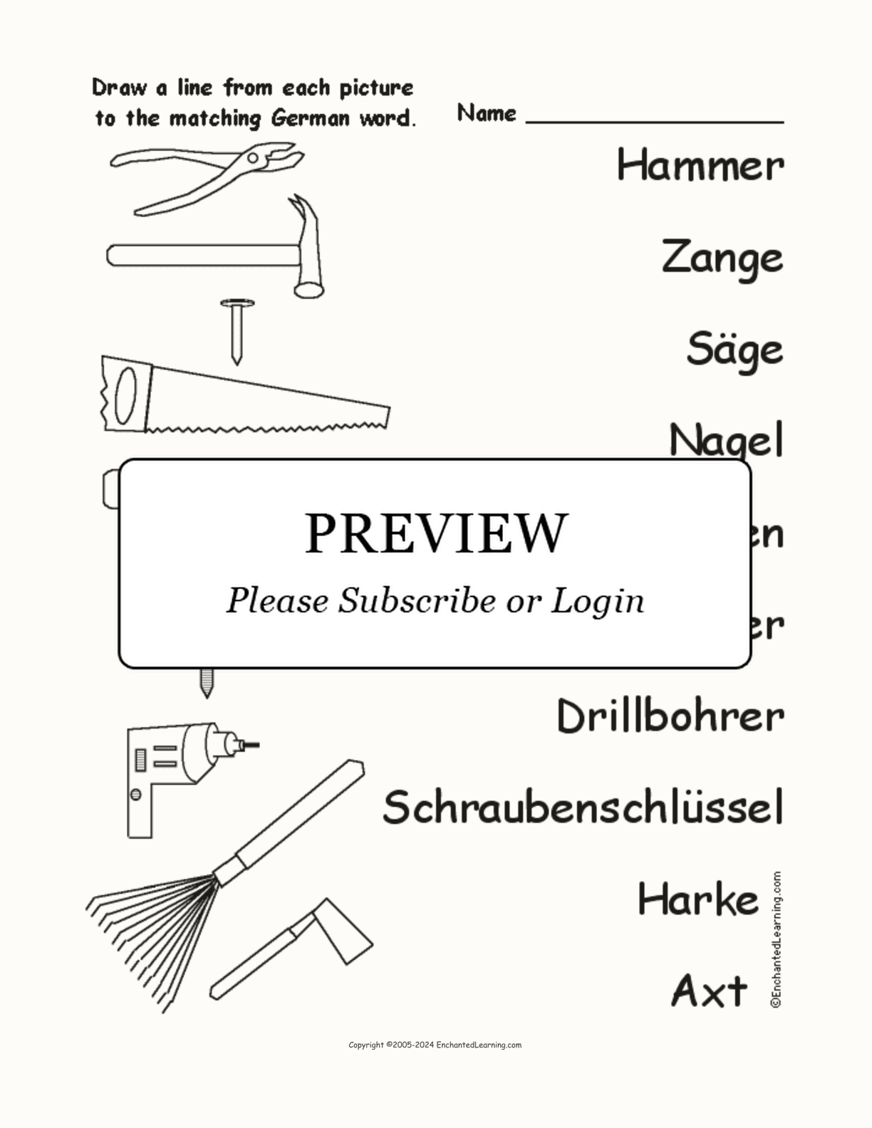 Match the German Tool Words to the Pictures interactive worksheet page 1
