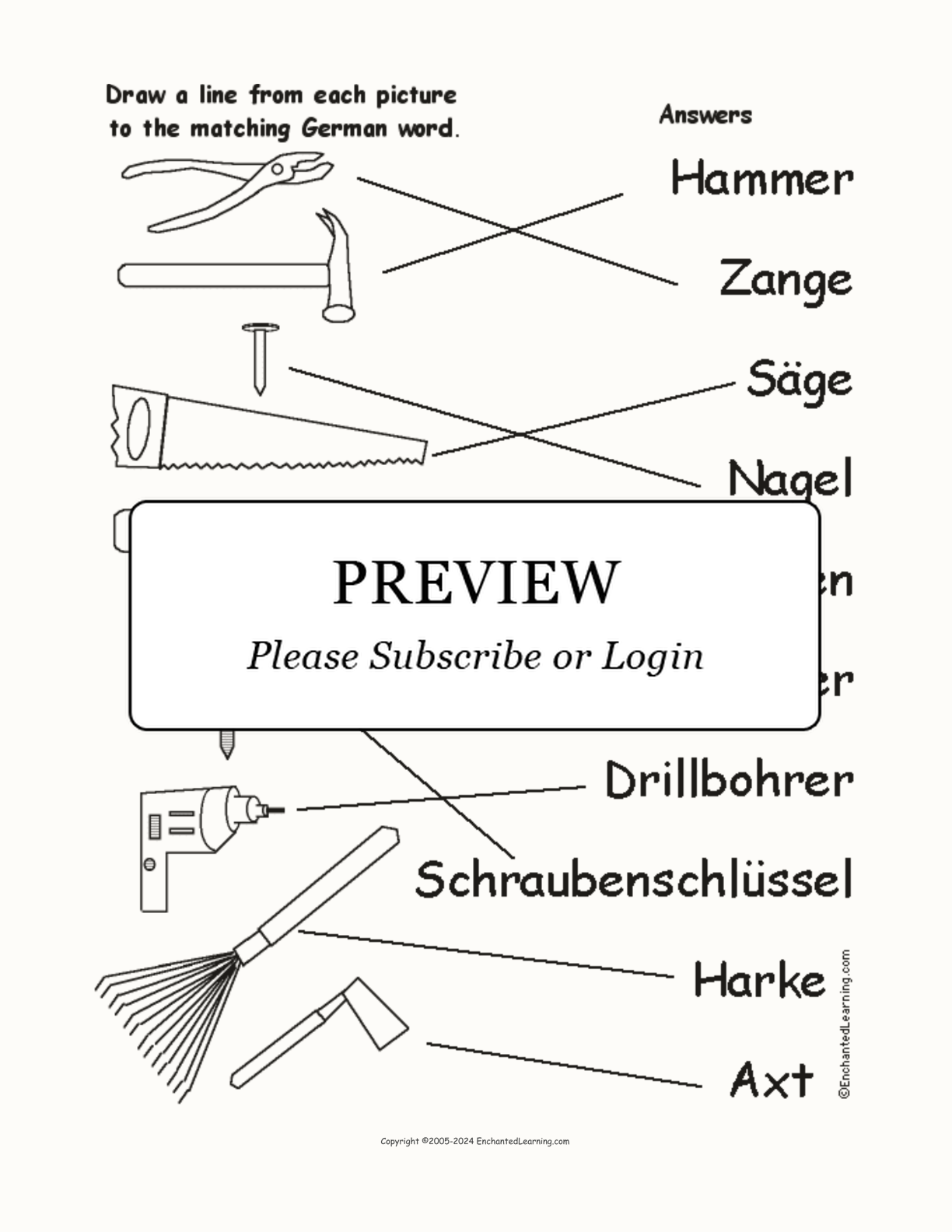 Match the German Tool Words to the Pictures interactive worksheet page 2