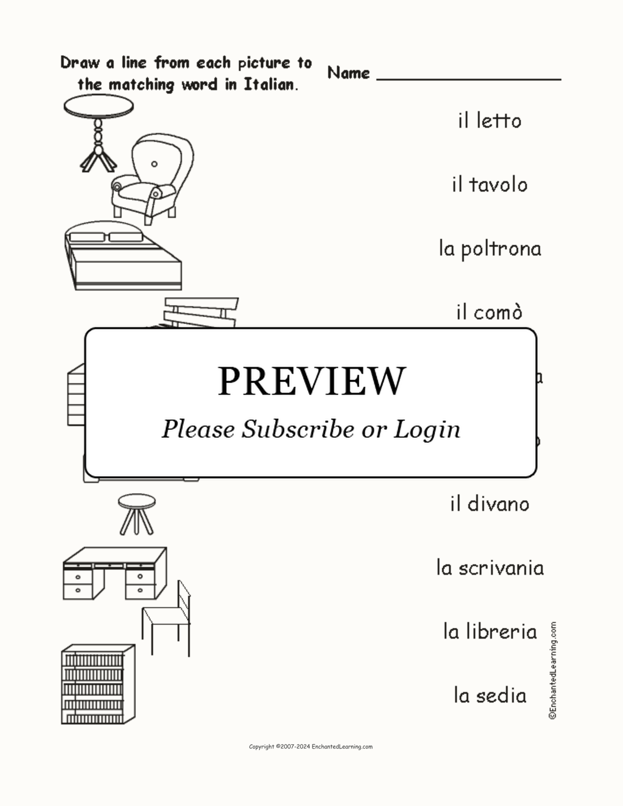 Match the Italian Furniture Words to the Pictures interactive worksheet page 1