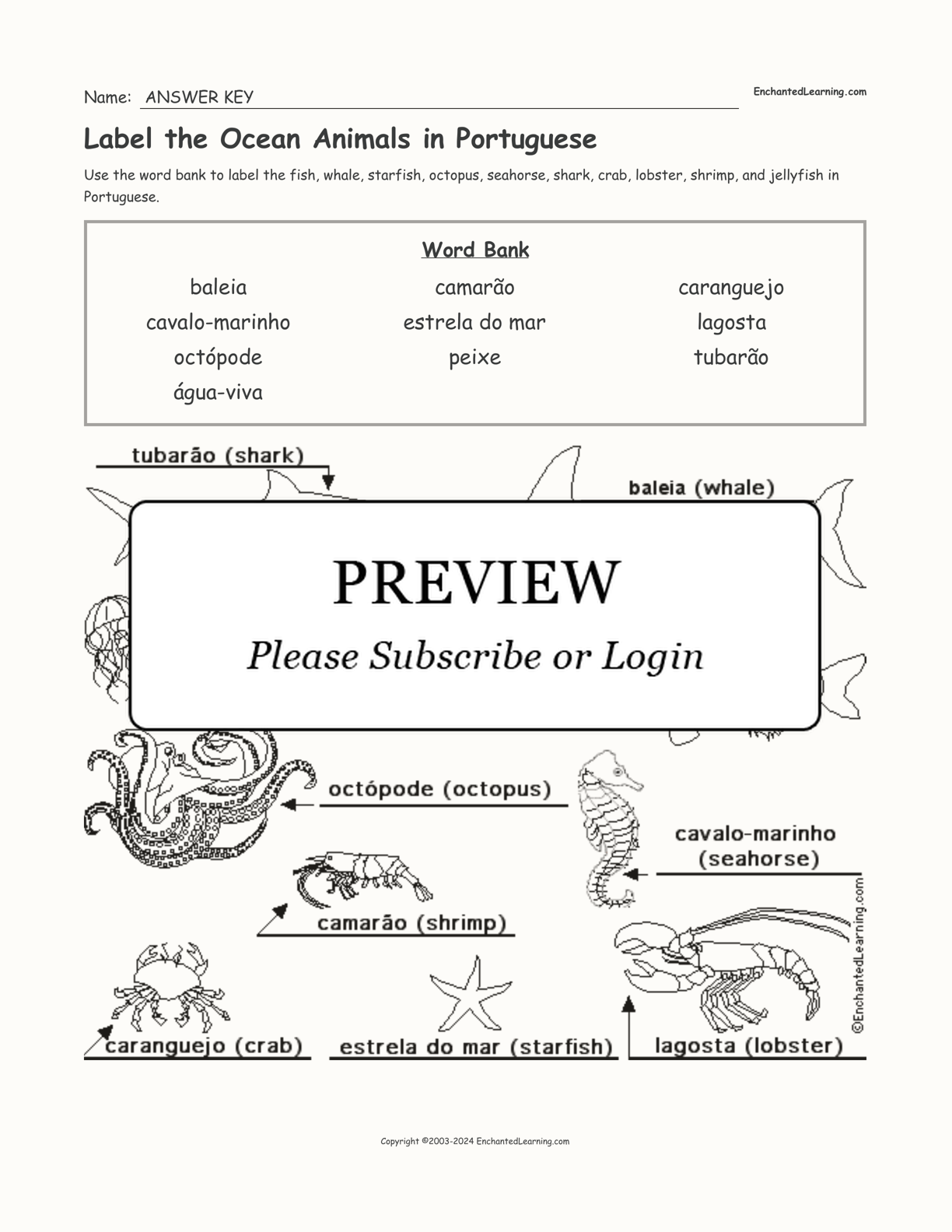 Label the Ocean Animals in Portuguese interactive worksheet page 2