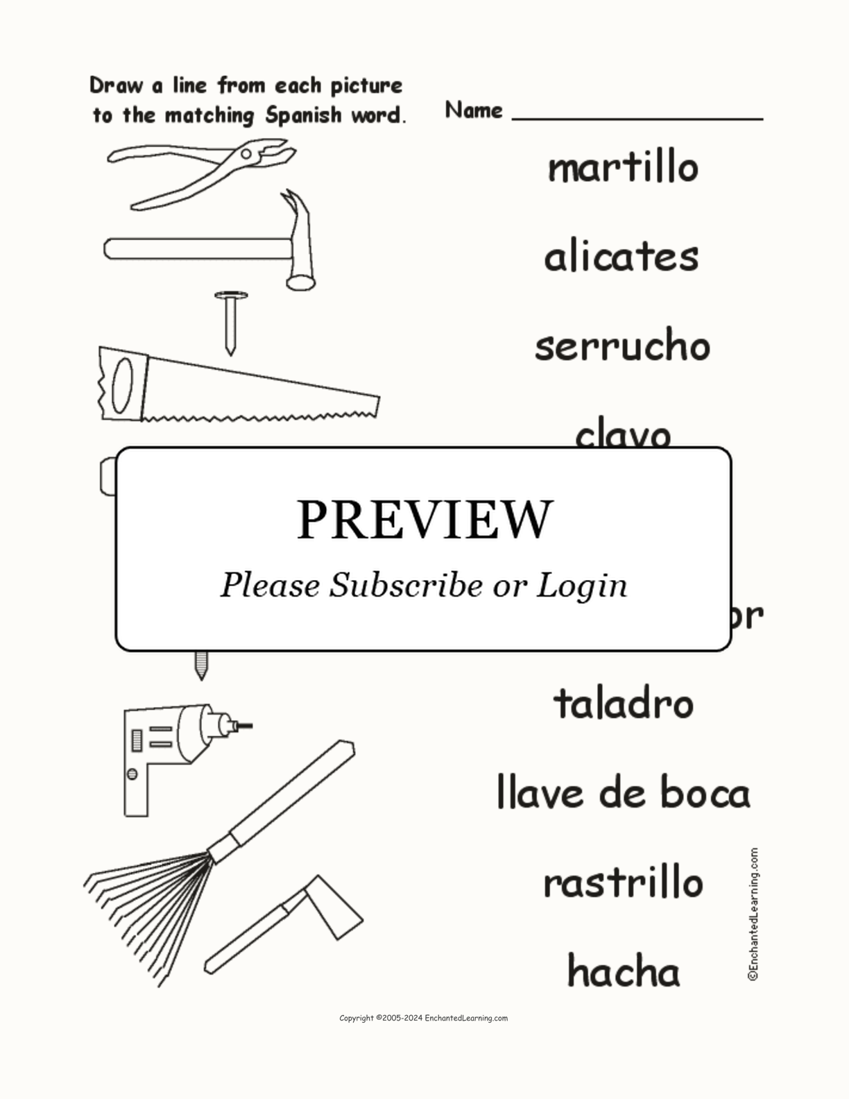 Match the Spanish Tool Words to the Pictures interactive worksheet page 1