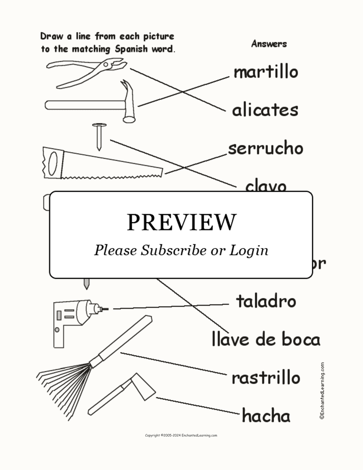 Match the Spanish Tool Words to the Pictures interactive worksheet page 2