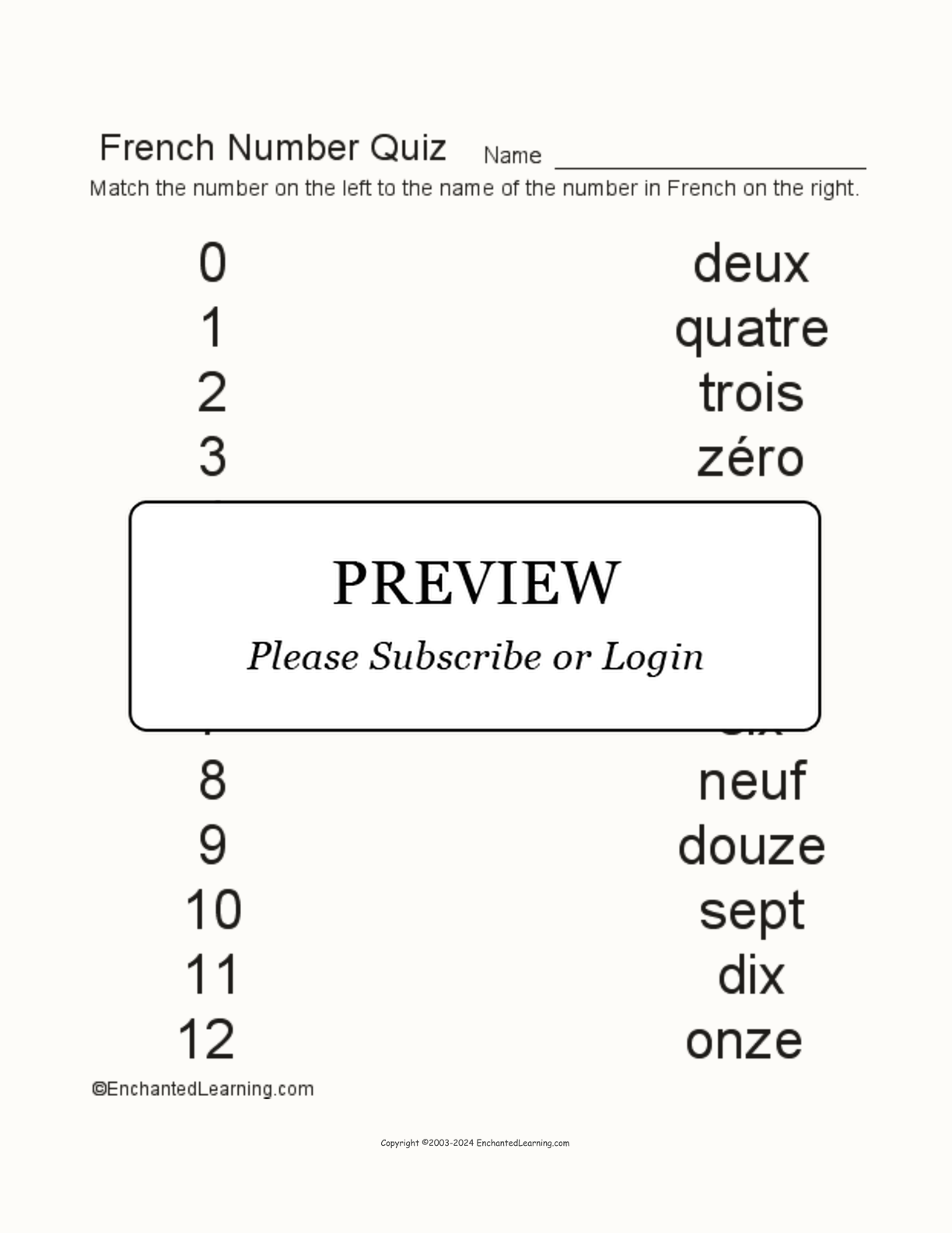 French Number Quiz interactive worksheet page 1