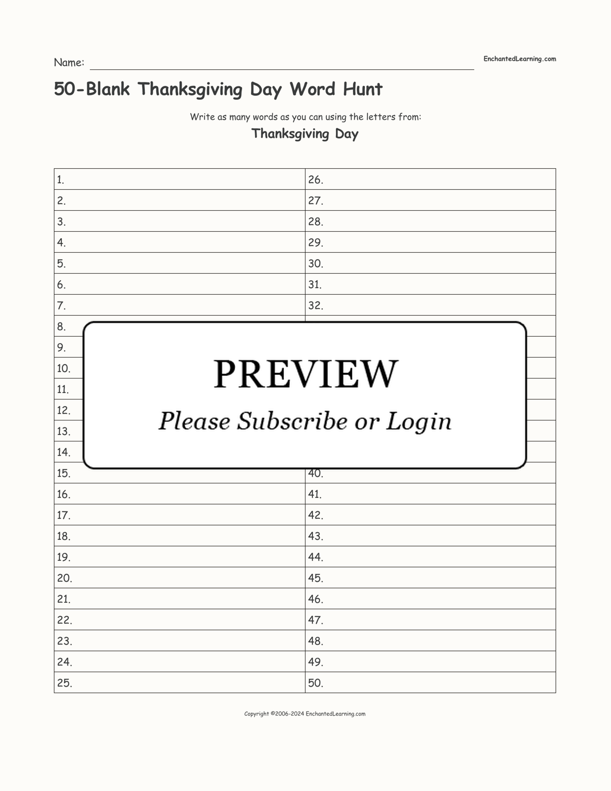50-Blank Thanksgiving Day Word Hunt interactive worksheet page 1