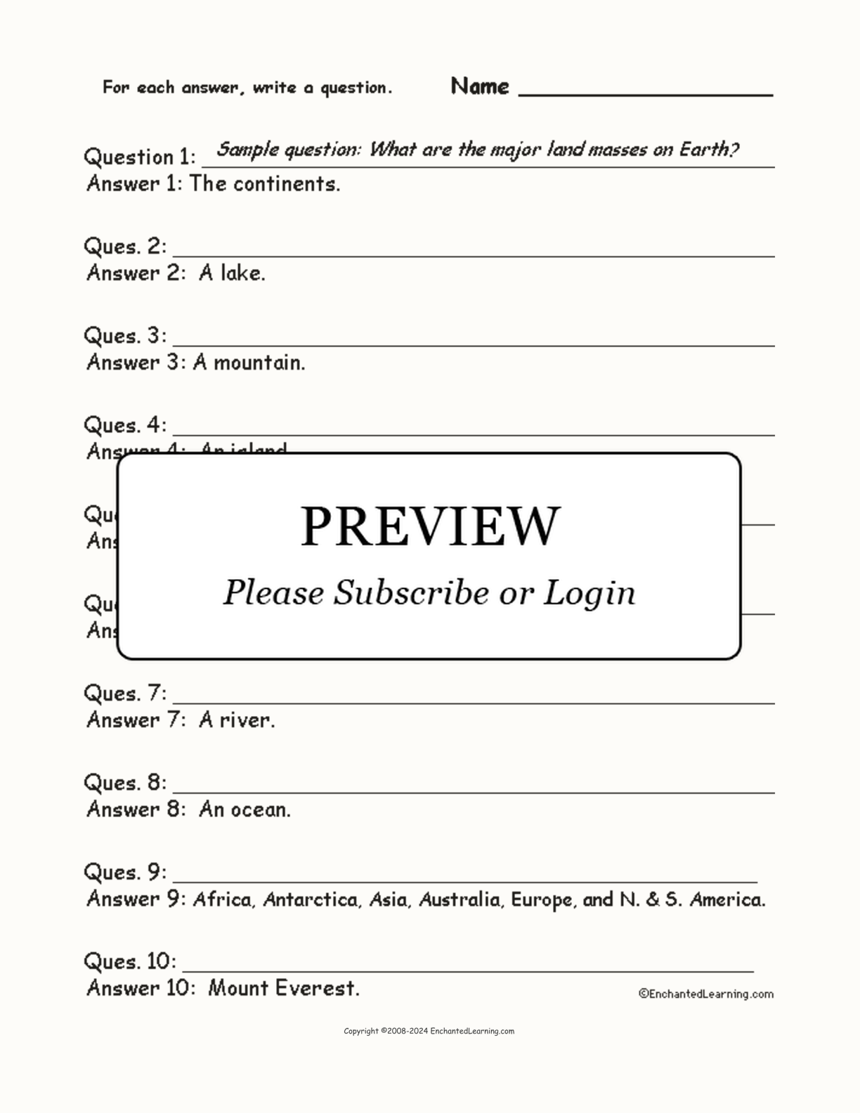 Landform Words: Write a Question for Each Answer interactive worksheet page 1